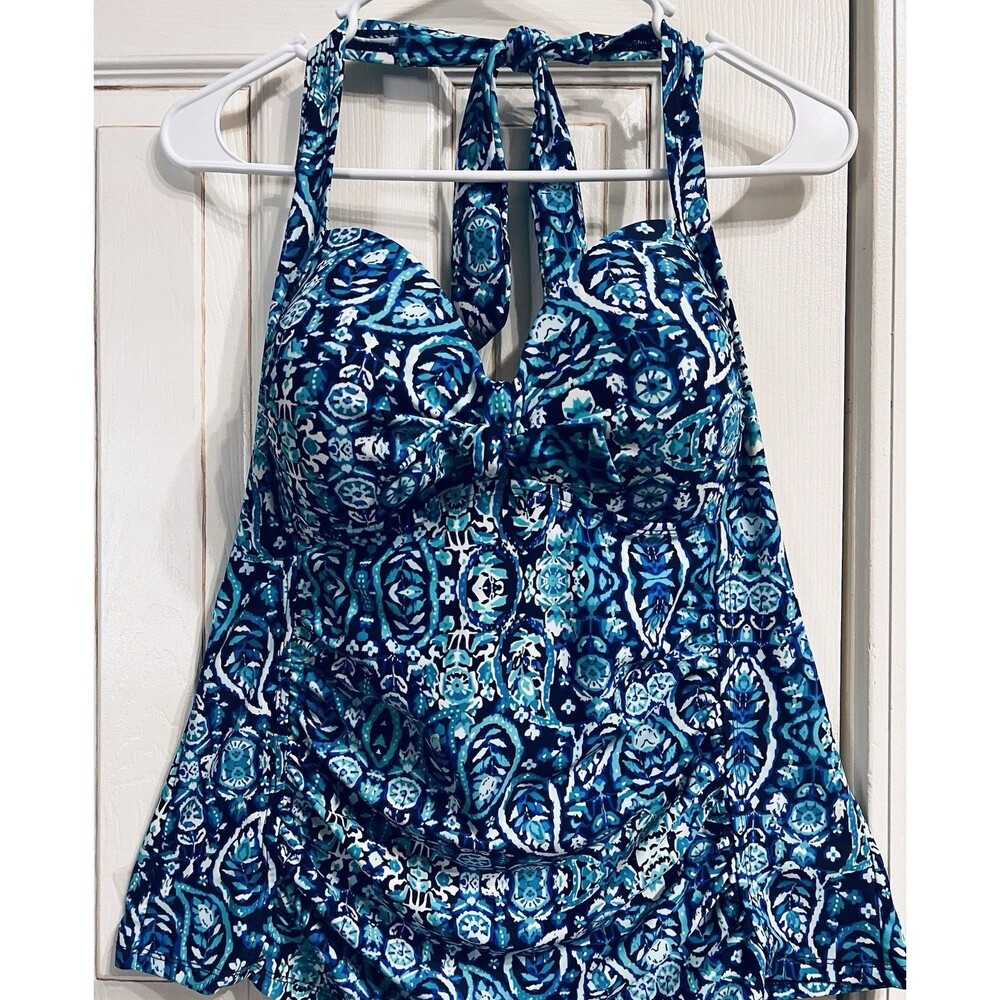 Merona Women’s Large Tankini Swim Top Blue Teal Floral Halter Tummy Control NWOT